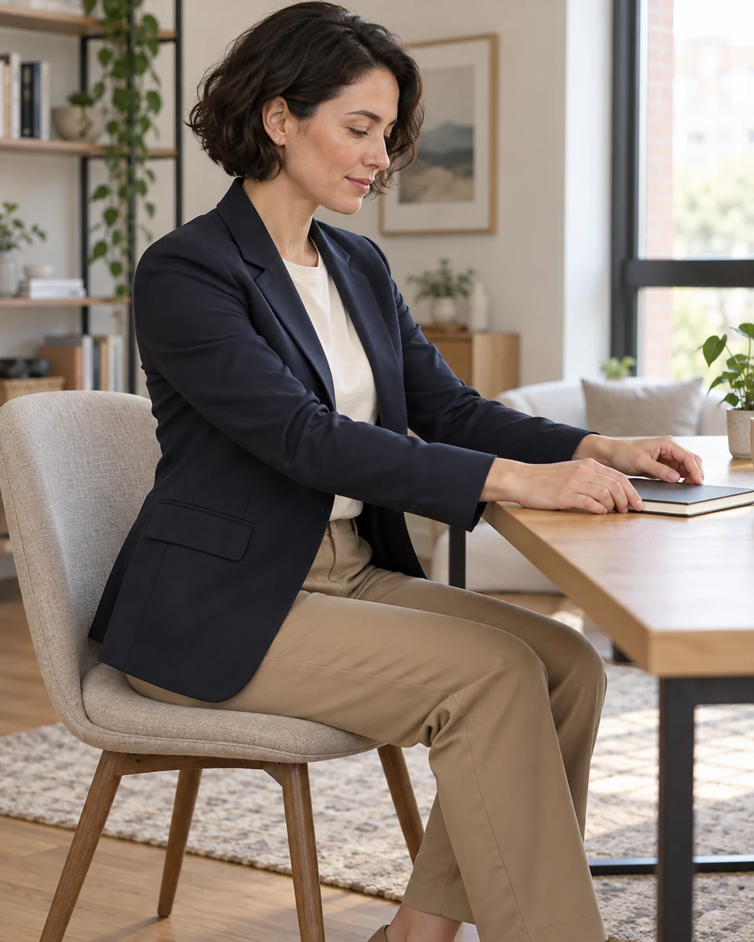 Woman in a navy blazer seated at a desk with her forearms reaching forwards.