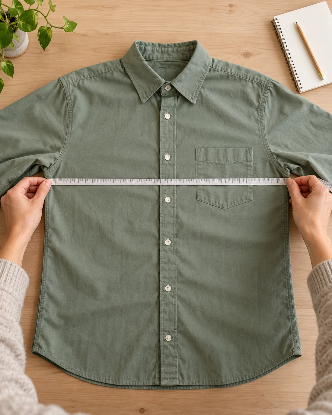 Measuring tape laid across a flat green shirt below the armholes.