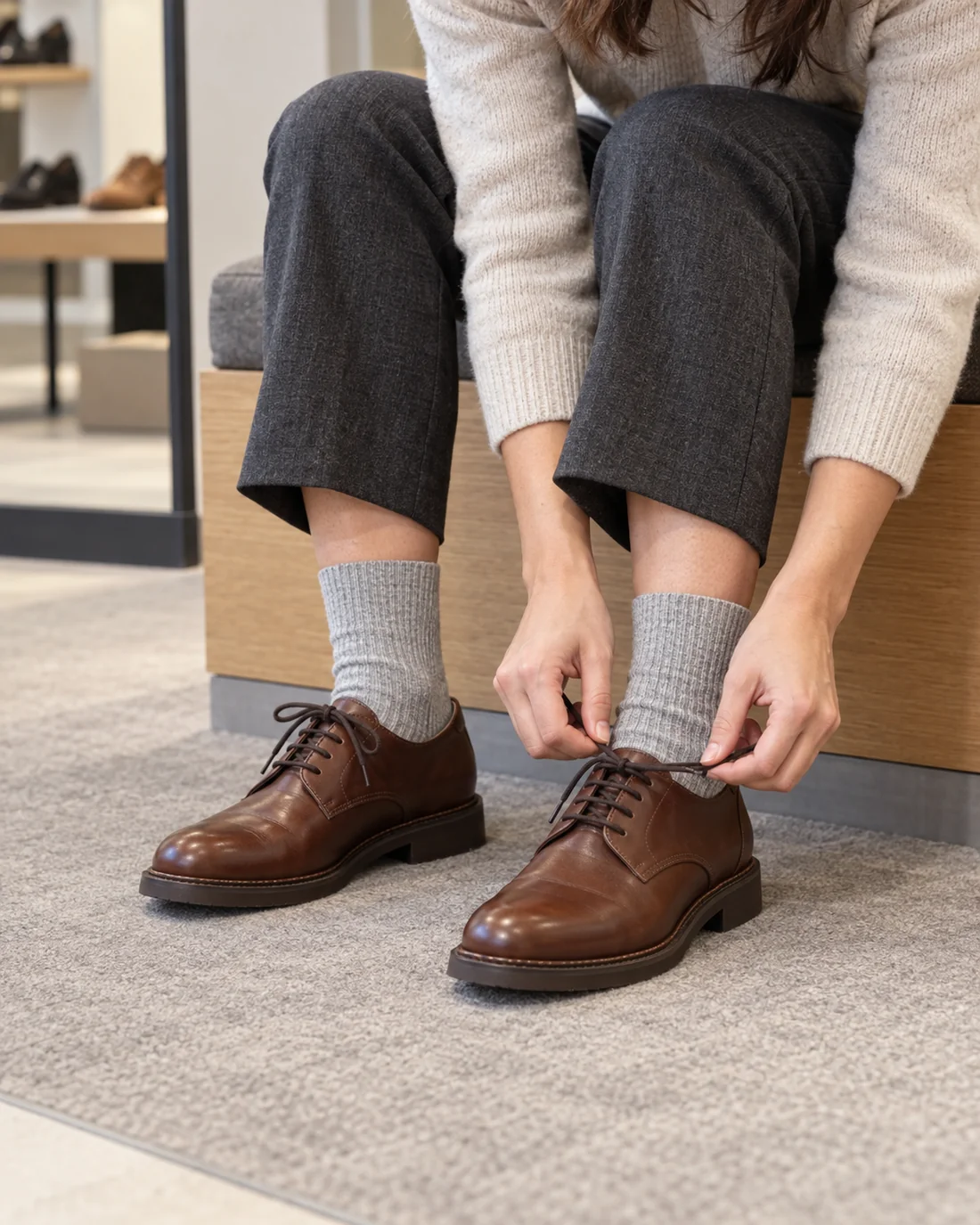 Woman trying brown lace-up shoes with grey ribbed socks and tying one shoe.