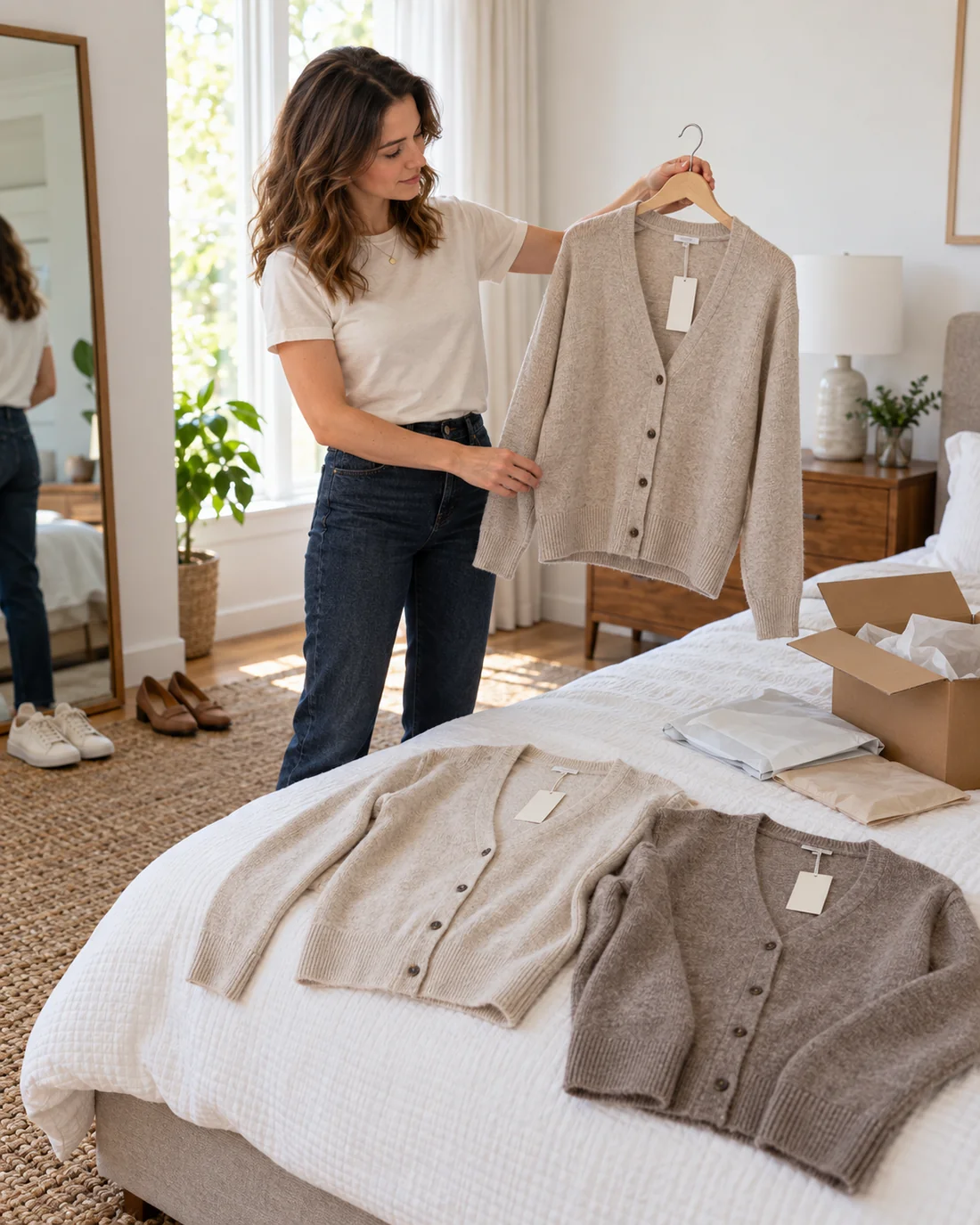 Woman comparing a cardigan with other tagged garments beside an open delivery box.